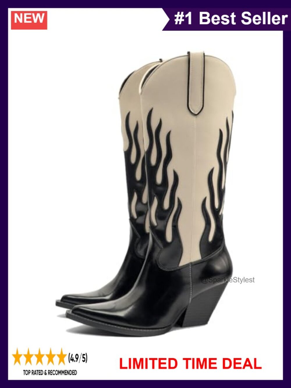 Western Cowboy Boots Pointed Toe Chunky Heel Mid Calf Pull On